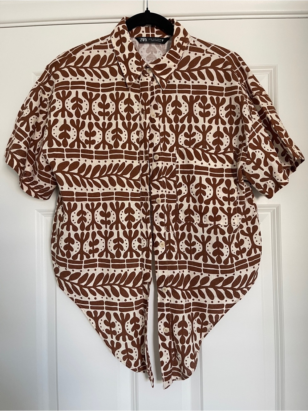 Zara Brown Patterned Linen Blend Tie Front Button Up Resort Shirt XL